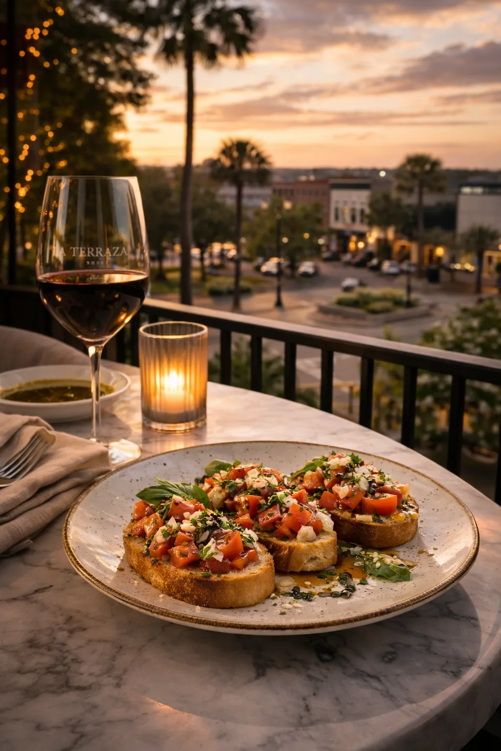 Bruschetta and wine on the La Terrazza balcony overlooking the downtown Ocala square at sunset