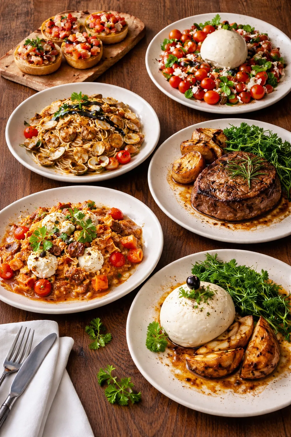A spread of Italian dishes at La Terrazza in Ocala including bruschetta, caprese, linguini alle vongole and filet mignon